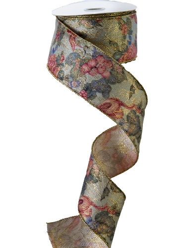 Picture of FRUIT AND FLOWER TEAL PINK WIRED EDGE RIBBON